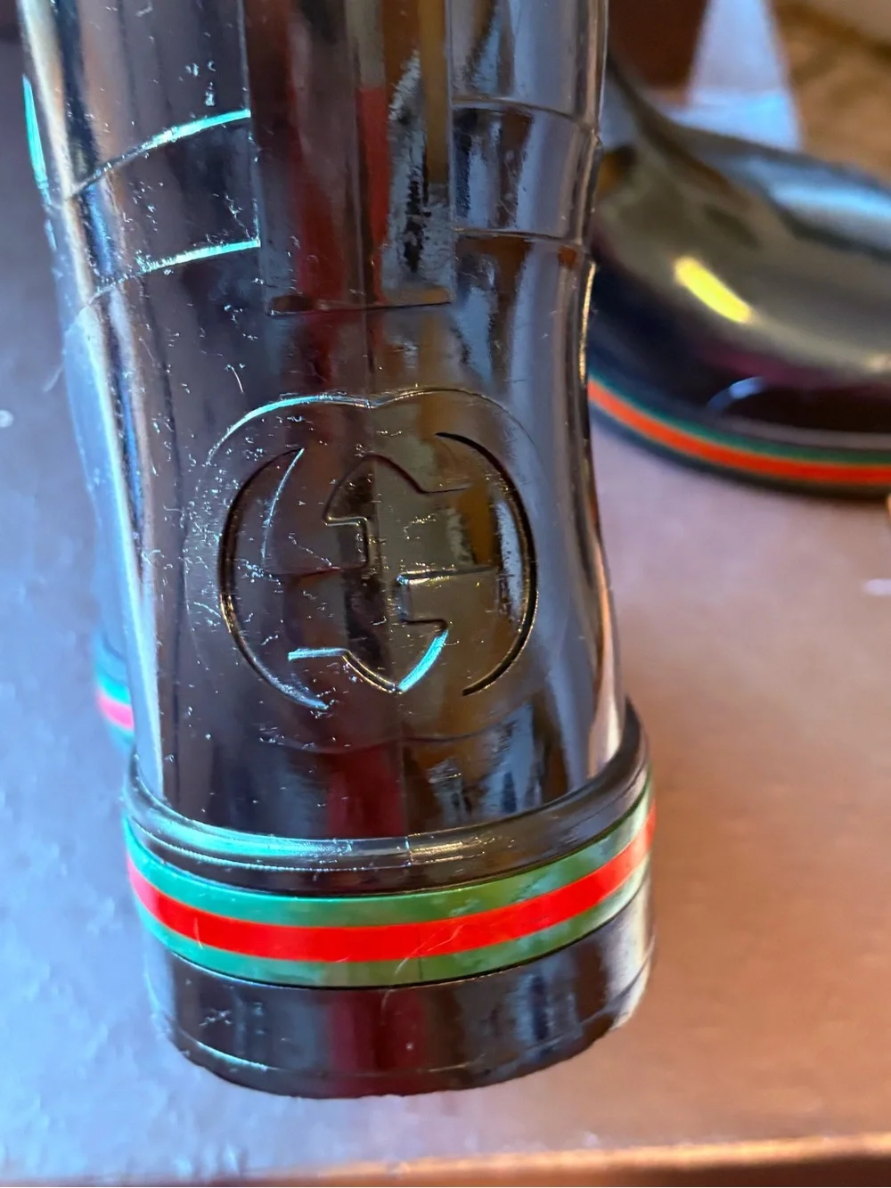 Gucci Black Gloss Rubber Ankle Rain Boots with Red and Green Stripe - Picture 3 of 6